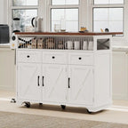 46.5 Farmhouse Kitchen Island w/Beaded Drape, Power Outlet, Drop Leaf, 3 Doors & Drawers, Iron Shelf, Wheels for Kitchen/Dining