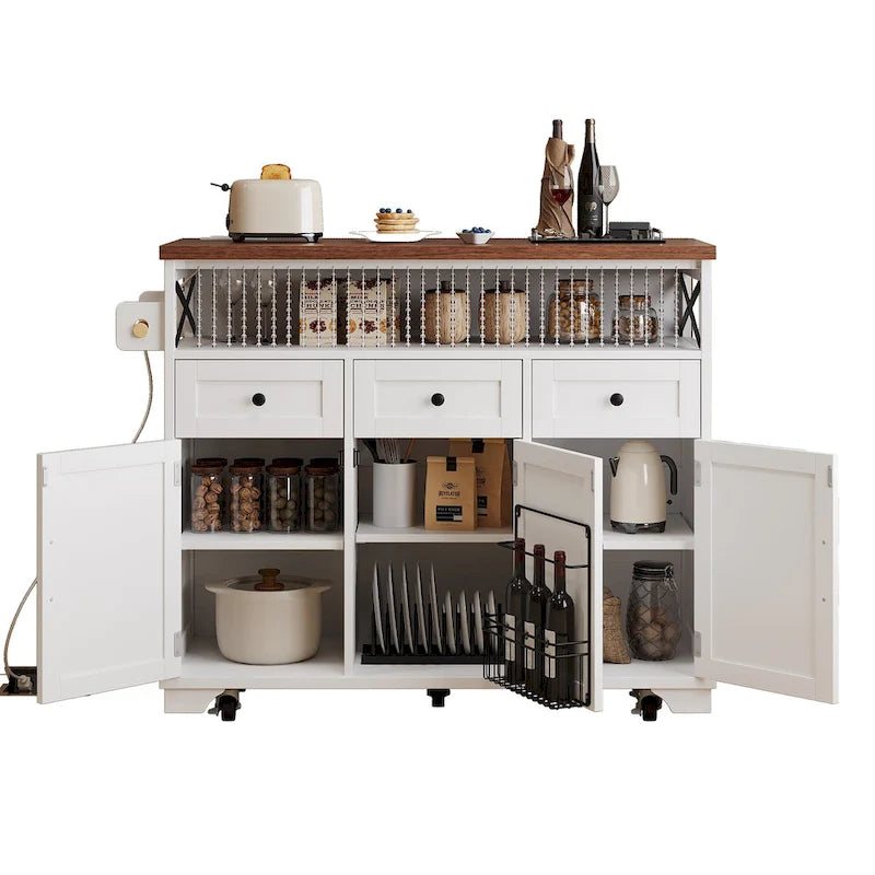 46.5 îlot de cuisine de ferme avec drapé perlé, prise de courant, abattant, 3 portes et tiroirs, étagère en fer, roues pour cuisine/salle à manger