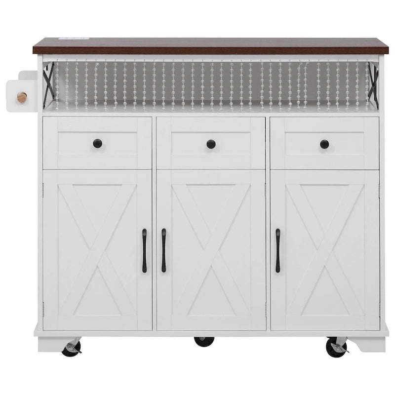 46.5 îlot de cuisine de ferme avec drapé perlé, prise de courant, abattant, 3 portes et tiroirs, étagère en fer, roues pour cuisine/salle à manger