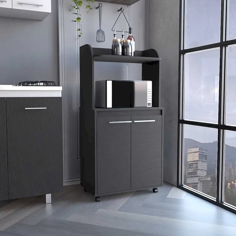 Dessertes roulantes de cuisine à 2 niveaux avec étagère ouverte et armoire à double porte pour micro-ondes