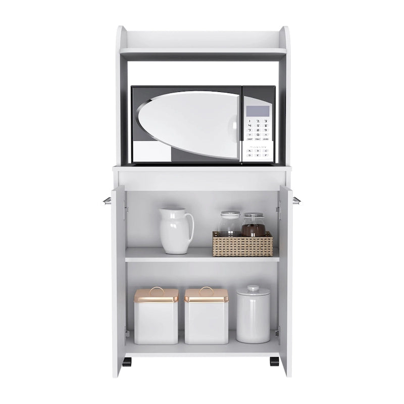 Dessertes roulantes de cuisine à 2 niveaux avec étagère ouverte et armoire à double porte pour micro-ondes