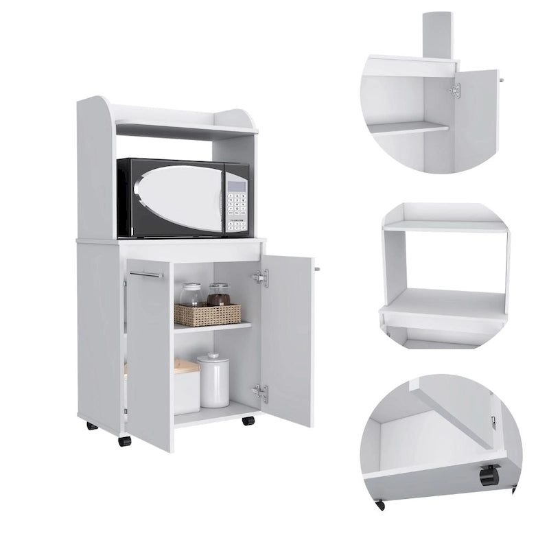 Dessertes roulantes de cuisine à 2 niveaux avec étagère ouverte et armoire à double porte pour micro-ondes