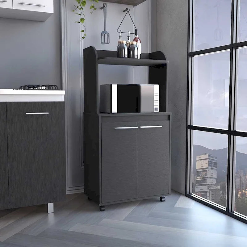 Dessertes roulantes de cuisine à 2 niveaux avec étagère ouverte et armoire à double porte pour micro-ondes