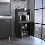 Dessertes roulantes de cuisine à 2 niveaux avec étagère ouverte et armoire à double porte pour micro-ondes