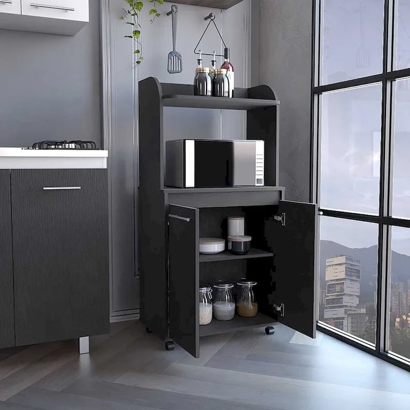Dessertes roulantes de cuisine à 2 niveaux avec étagère ouverte et armoire à double porte pour micro-ondes