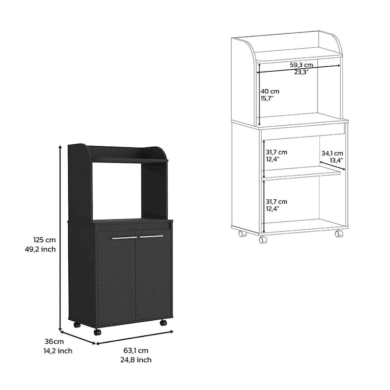 Dessertes roulantes de cuisine à 2 niveaux avec étagère ouverte et armoire à double porte pour micro-ondes