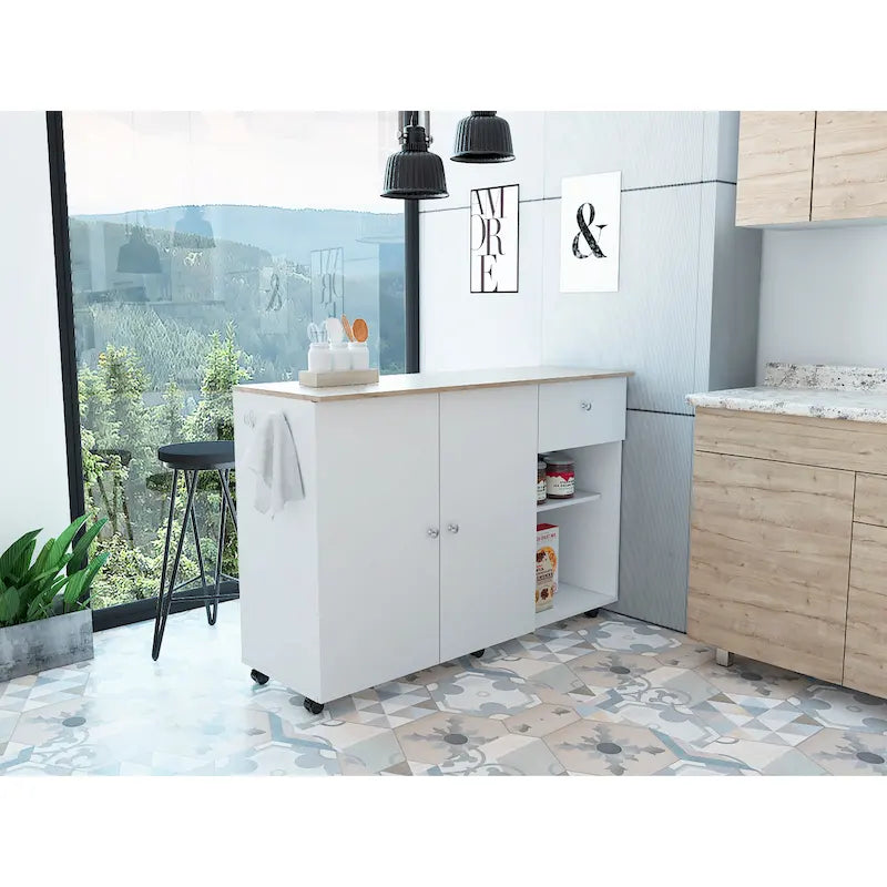 Îlot de cuisine avec 4 étagères intérieures, roulettes, tiroir et meuble à double porte