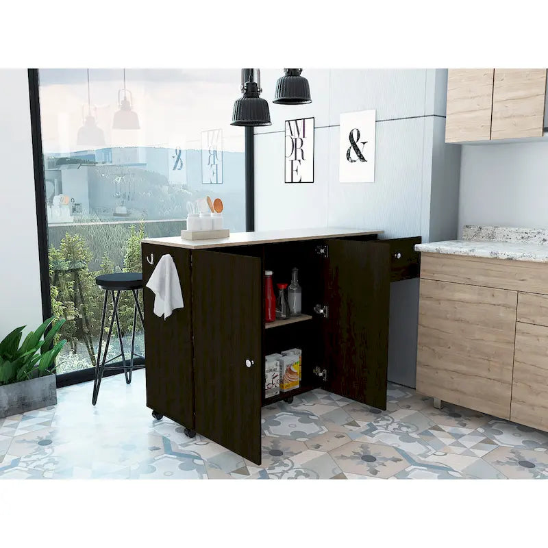 Îlot de cuisine avec 4 étagères intérieures, roulettes, tiroir et meuble à double porte