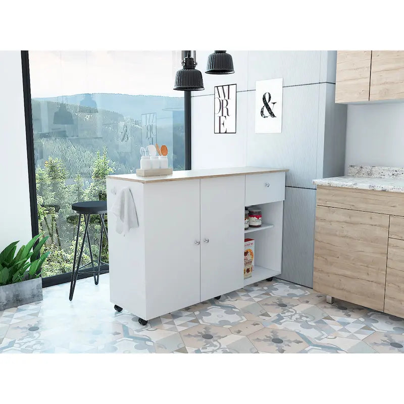 Îlot de cuisine avec 4 étagères intérieures, roulettes, tiroir et meuble à double porte