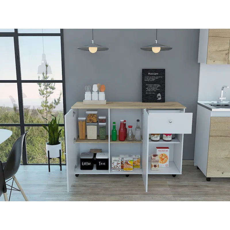 Îlot de cuisine avec 4 étagères intérieures, roulettes, tiroir et meuble à double porte