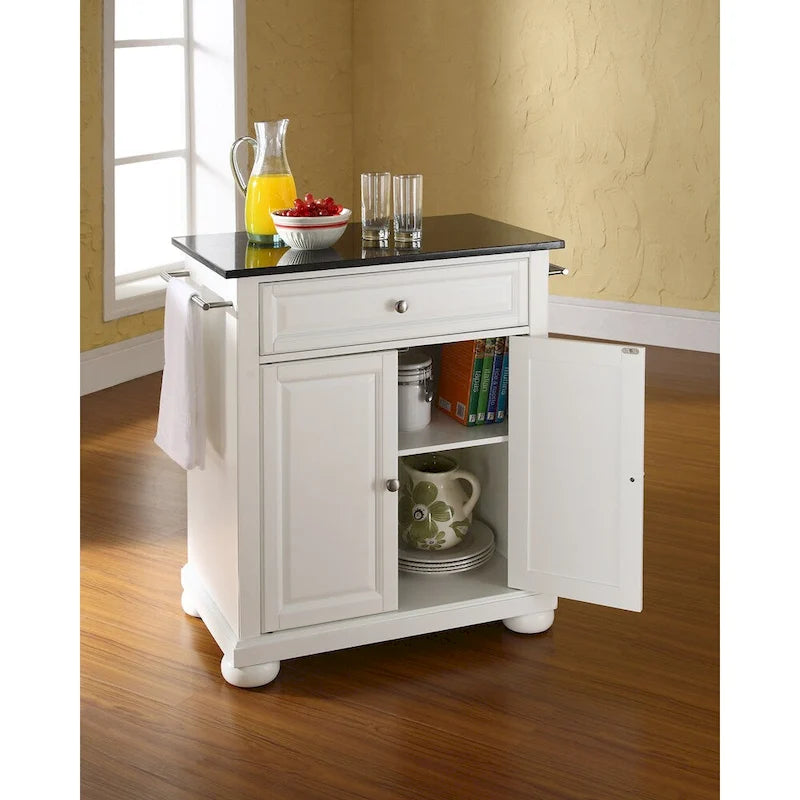 Crosley Alexandria Solid Black Granite Top Portable Kitchen Island in White Finish - 18d x 31w x 33.5h