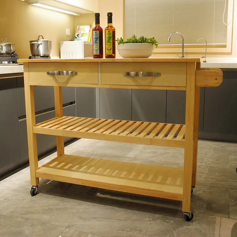 Îlot de cuisine et desserte de cuisine, îlot de cuisine mobile avec deux roulettes verrouillables, plateau en bois d'hévéa, design simple