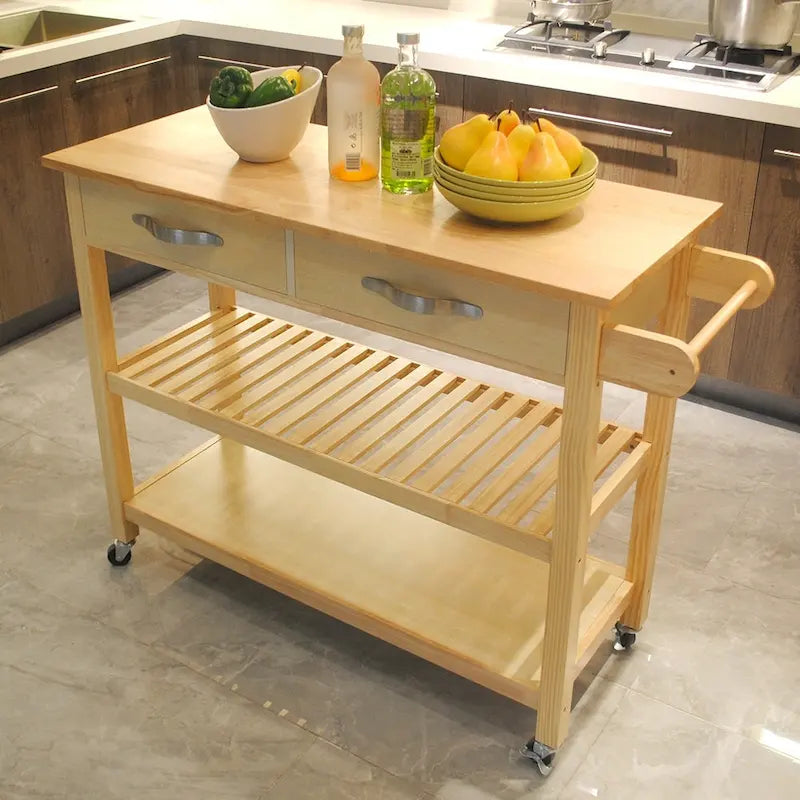 Îlot de cuisine et desserte de cuisine, îlot de cuisine mobile avec deux roulettes verrouillables, plateau en bois d'hévéa, design simple