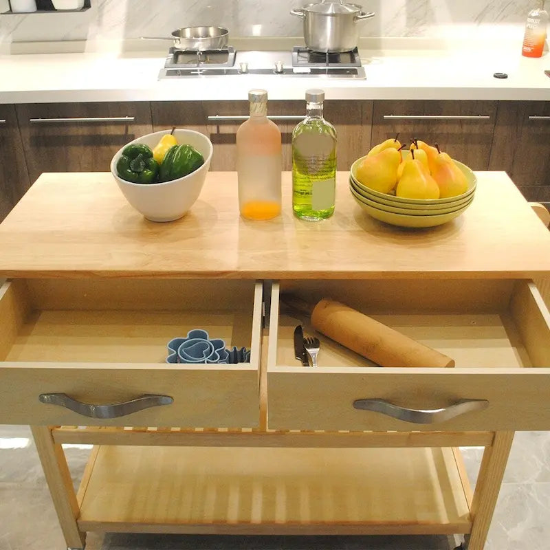 Îlot de cuisine et desserte de cuisine, îlot de cuisine mobile avec deux roulettes verrouillables, plateau en bois d'hévéa, design simple