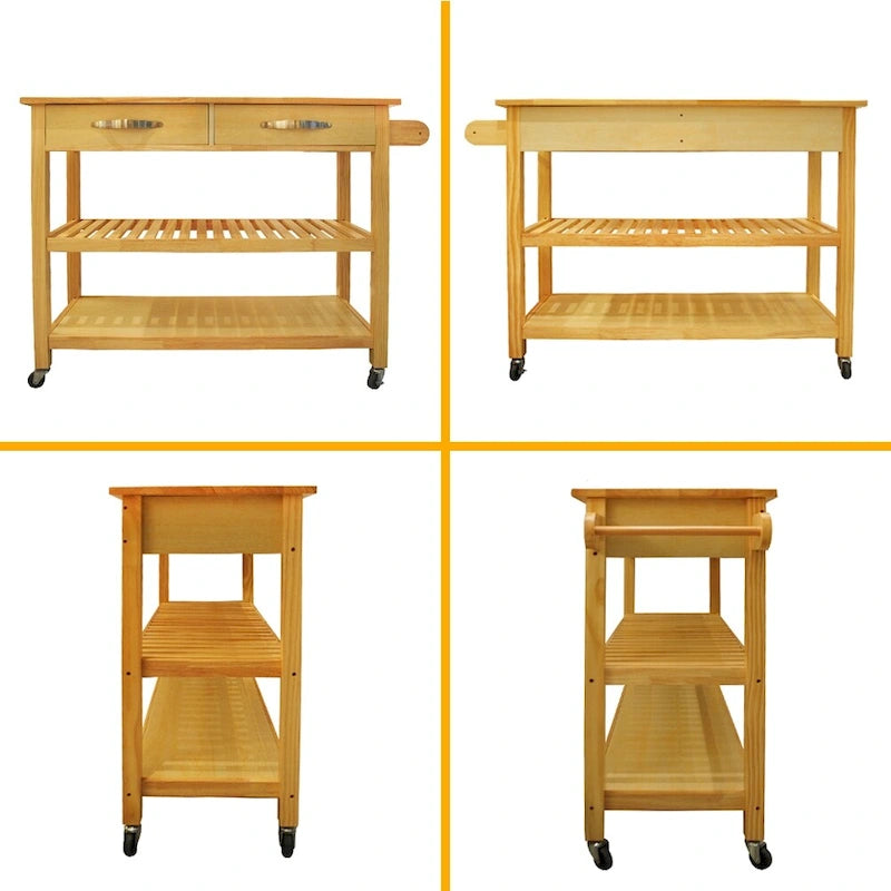 Îlot de cuisine et desserte de cuisine, îlot de cuisine mobile avec deux roulettes verrouillables, plateau en bois d'hévéa, design simple