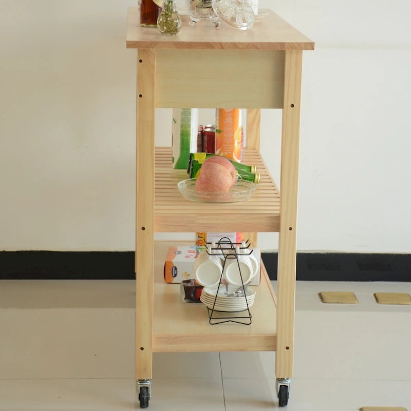 Îlot de cuisine et desserte de cuisine, îlot de cuisine mobile avec deux roulettes verrouillables, plateau en bois d'hévéa, design simple