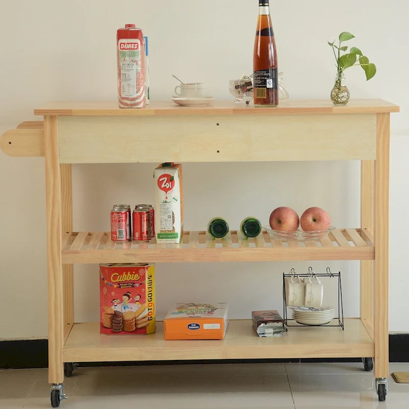 Îlot de cuisine et desserte de cuisine, îlot de cuisine mobile avec deux roulettes verrouillables, plateau en bois d'hévéa, design simple