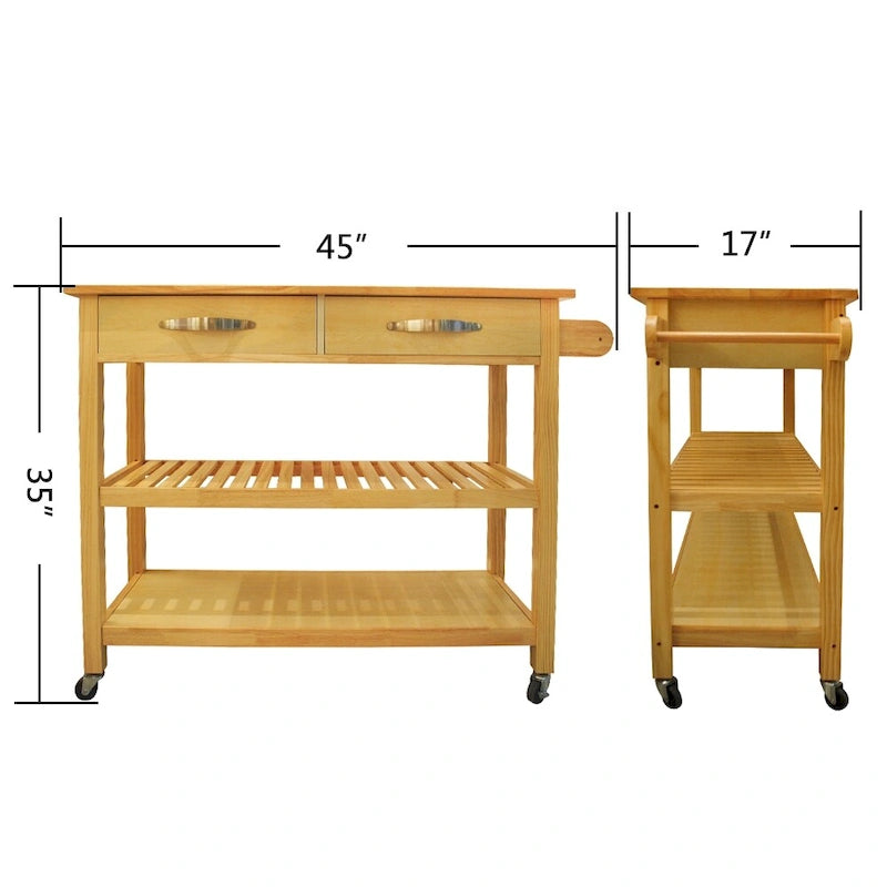 Îlot de cuisine et desserte de cuisine, îlot de cuisine mobile avec deux roulettes verrouillables, plateau en bois d'hévéa, design simple