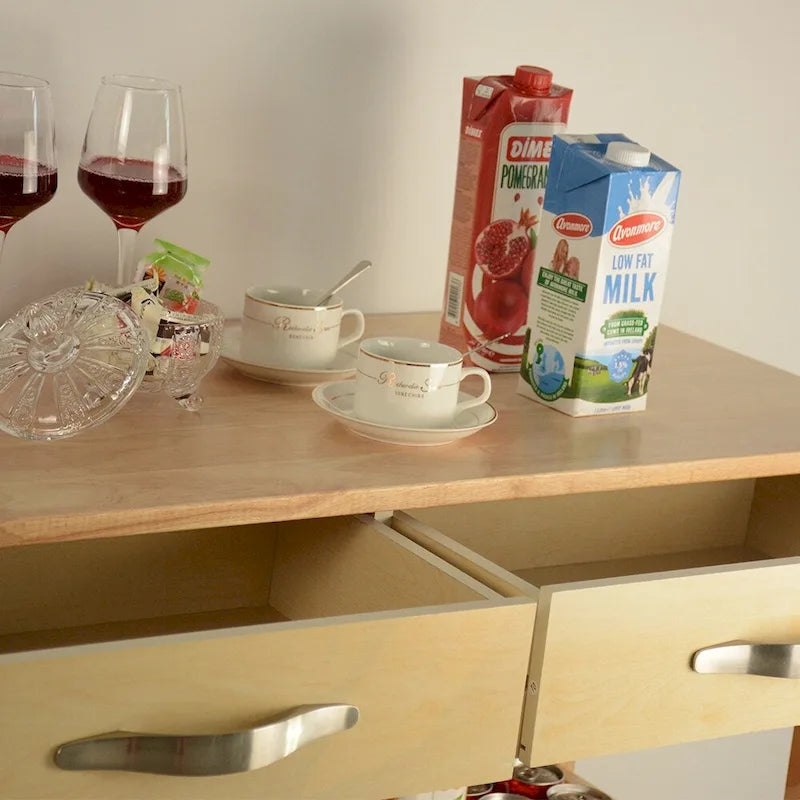 Îlot de cuisine et desserte de cuisine, îlot de cuisine mobile avec deux roulettes verrouillables, plateau en bois d'hévéa, design simple