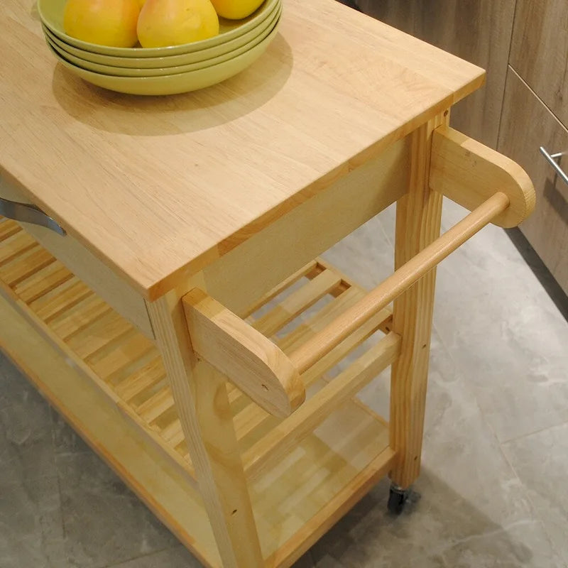 Îlot de cuisine et desserte de cuisine, îlot de cuisine mobile avec deux roulettes verrouillables, plateau en bois d'hévéa, design simple