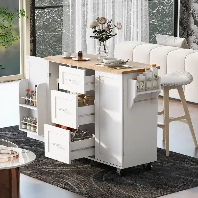 Îlot de cuisine roulant avec roulettes de rangement, 2 étagères coulissantes et range-épices interne