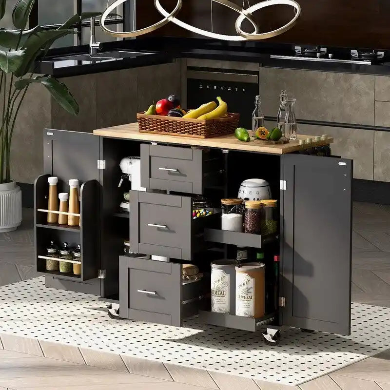 Îlot de cuisine roulant avec roulettes de rangement, 2 étagères coulissantes et range-épices interne