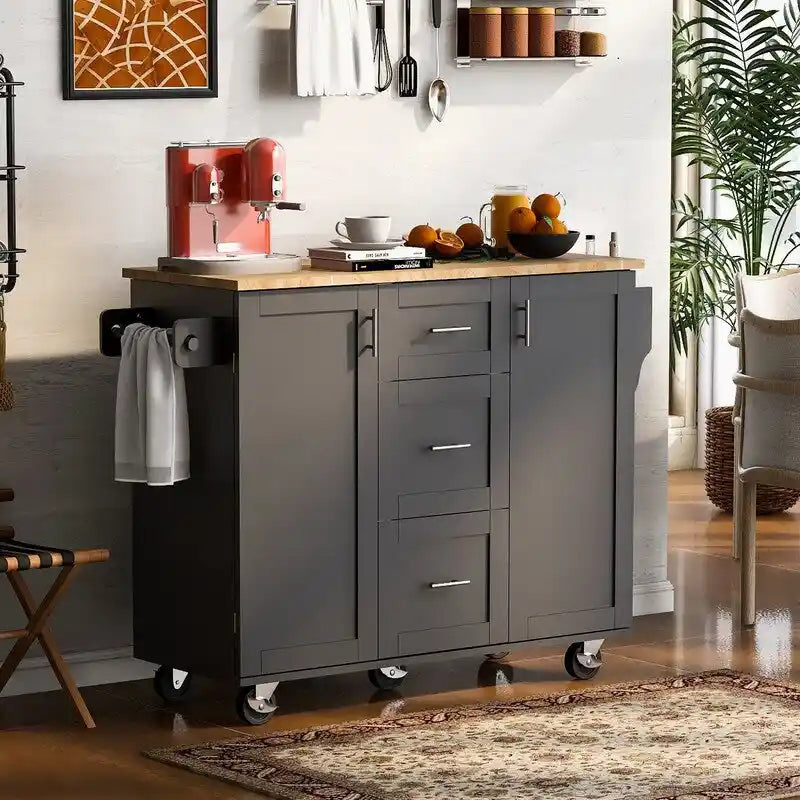 Îlot de cuisine roulant avec roulettes de rangement, 2 étagères coulissantes et range-épices interne