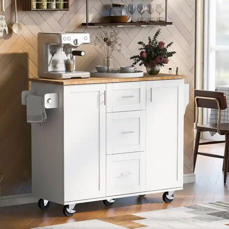 Îlot de cuisine roulant avec roulettes de rangement, 2 étagères coulissantes et range-épices interne