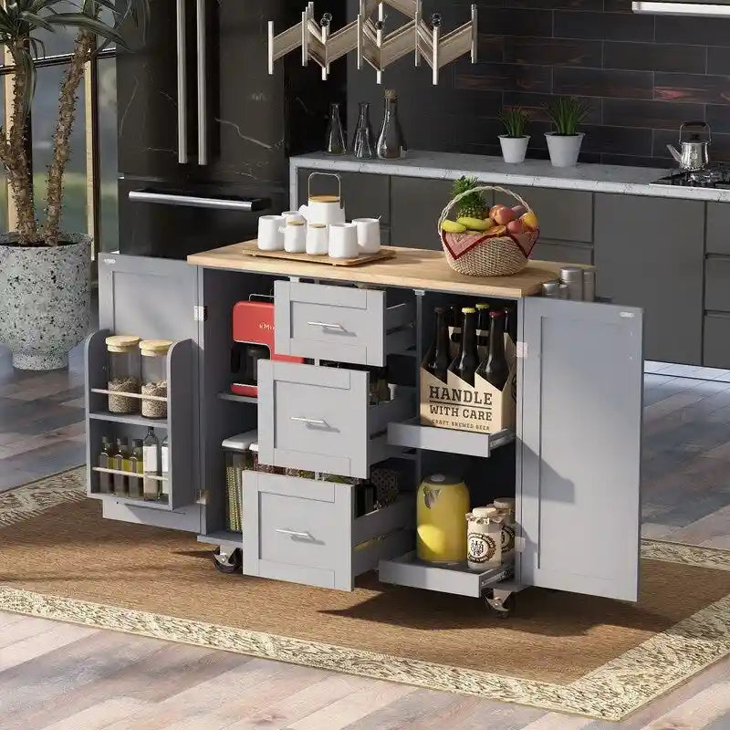 Îlot de cuisine roulant avec roulettes de rangement, 2 étagères coulissantes et range-épices interne