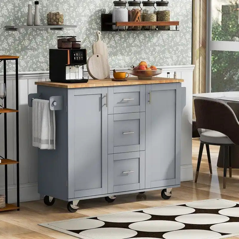 Îlot de cuisine roulant avec roulettes de rangement, 2 étagères coulissantes et range-épices interne