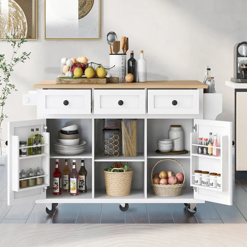 Desserte de cuisine avec plateau pliant en bois d'hévéa, 5 roulettes avec meuble de rangement et 3 tiroirs