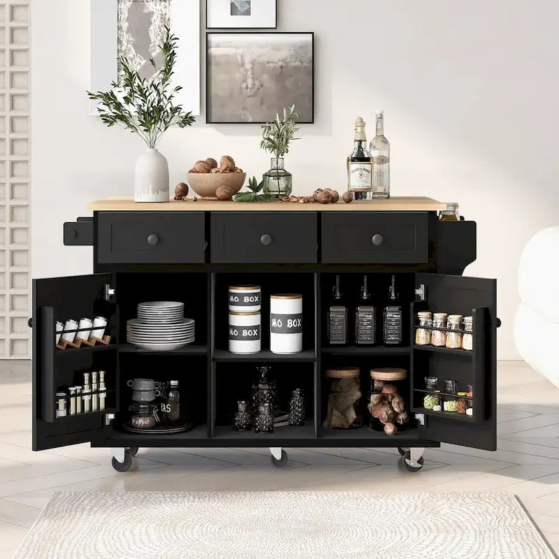 Desserte de cuisine avec plateau pliant en bois d'hévéa, 5 roulettes avec meuble de rangement et 3 tiroirs