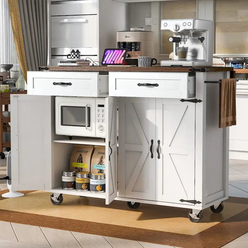 53.5Îlot de cuisine avec prise de courant, îlot de rangement avec abattant, étagère à épices et tiroir, chariot de cuisine roulant sur roues