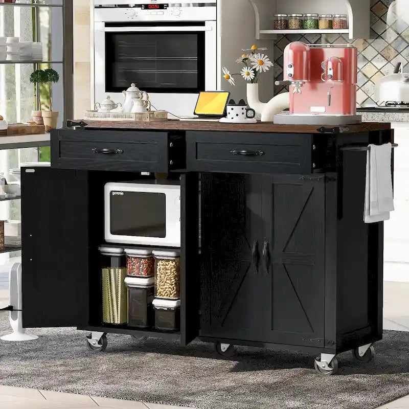 53.5Îlot de cuisine avec prise de courant, îlot de rangement avec abattant, étagère à épices et tiroir, chariot de cuisine roulant sur roues