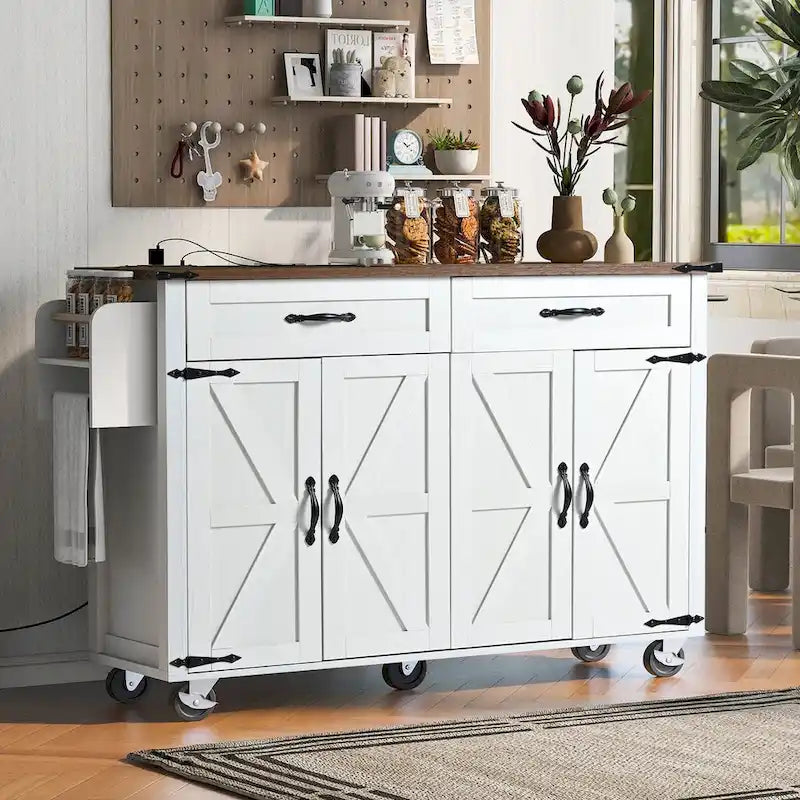 53.5Îlot de cuisine avec prise de courant, îlot de rangement avec abattant, étagère à épices et tiroir, chariot de cuisine roulant sur roues