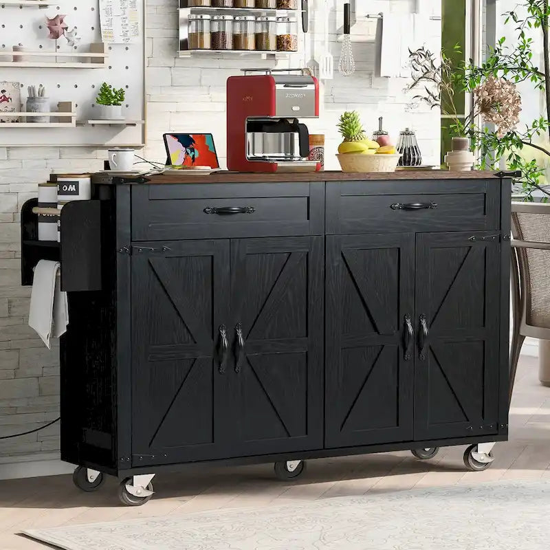 53.5Îlot de cuisine avec prise de courant, îlot de rangement avec abattant, étagère à épices et tiroir, chariot de cuisine roulant sur roues