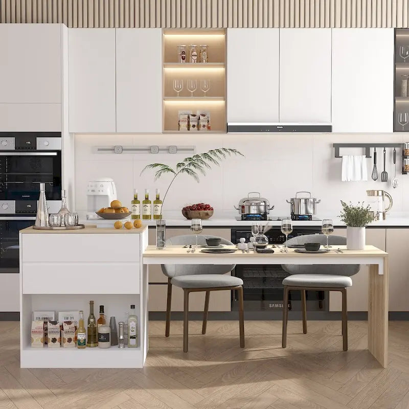 Table de cuisine îlot blanc/bois pour le petit-déjeuner, le bar et le travail