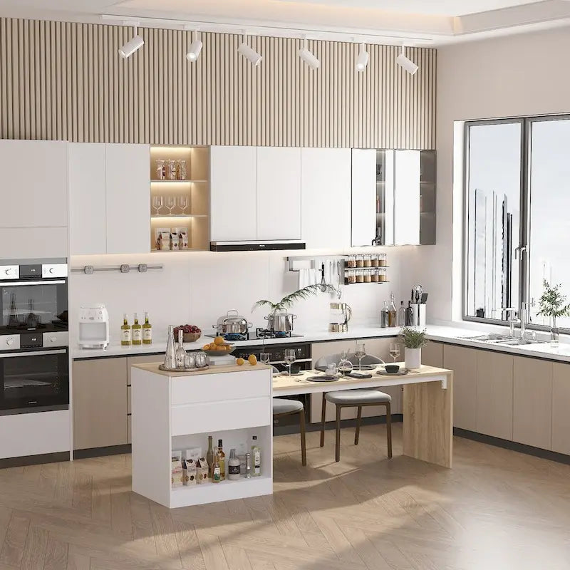 Table de cuisine îlot blanc/bois pour le petit-déjeuner, le bar et le travail