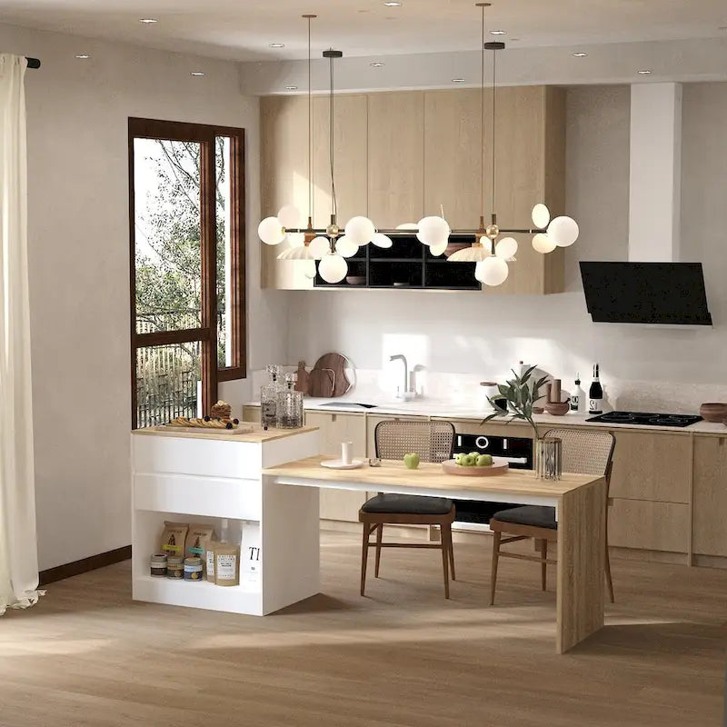 Table de cuisine îlot blanc/bois pour le petit-déjeuner, le bar et le travail