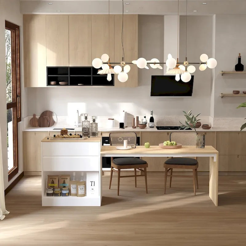 Table de cuisine îlot blanc/bois pour le petit-déjeuner, le bar et le travail