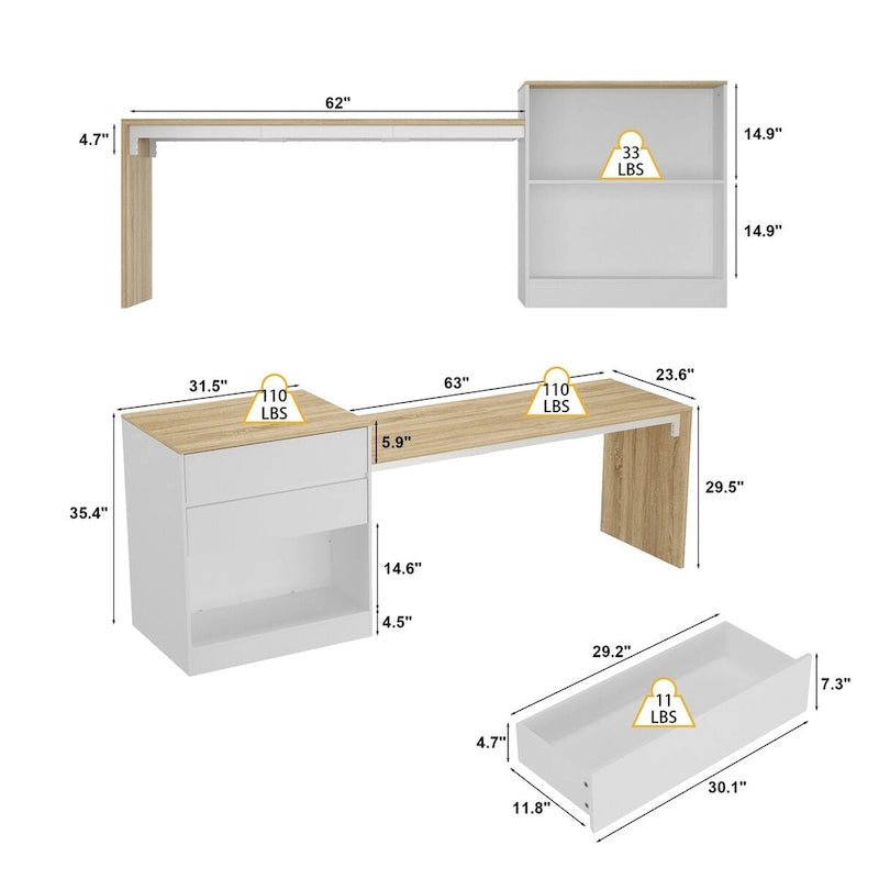 Table de cuisine îlot blanc/bois pour le petit-déjeuner, le bar et le travail