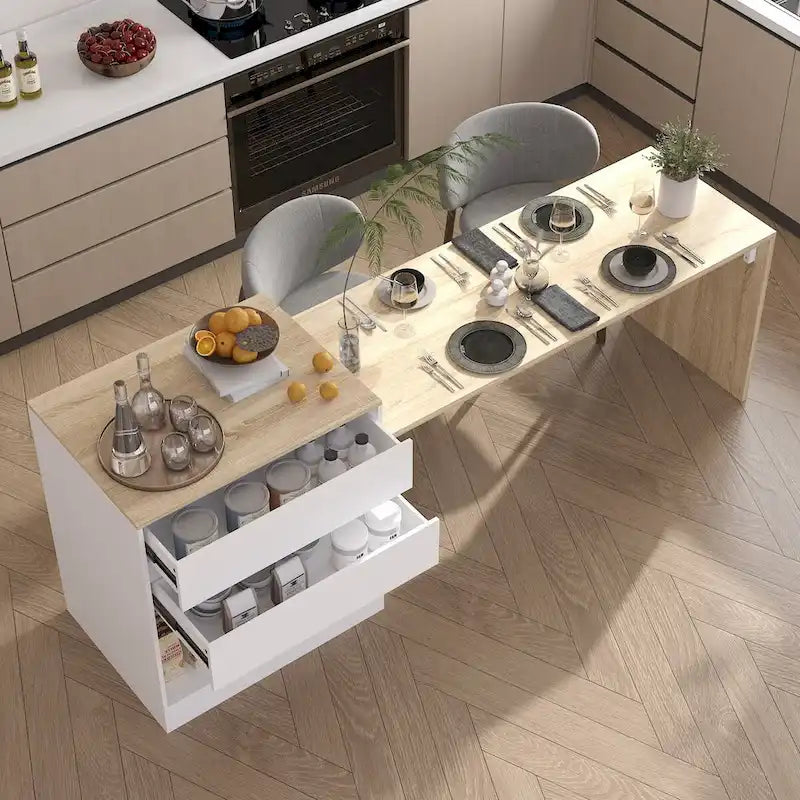 Table de cuisine îlot blanc/bois pour le petit-déjeuner, le bar et le travail
