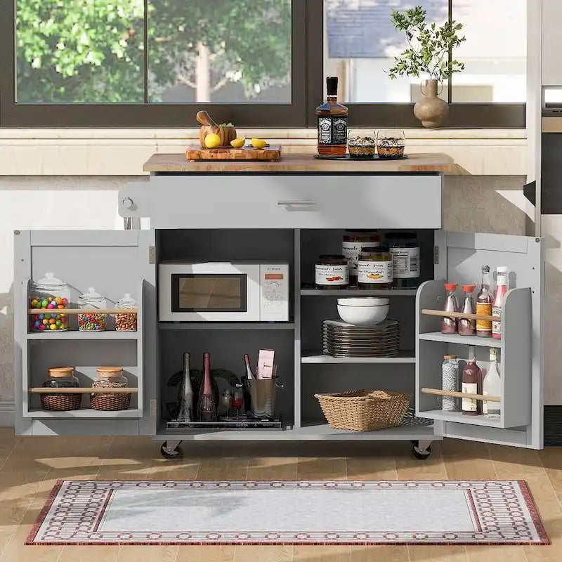 Chariot de cuisine moderne en bois d'hévéa de 39,00 po avec rangement et porte-serviettes