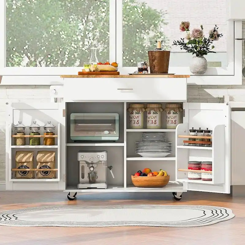 Chariot de cuisine moderne en bois d'hévéa de 39,00 po avec rangement et porte-serviettes