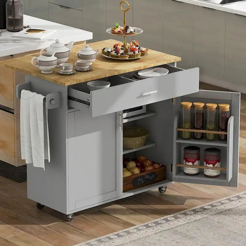 Chariot de cuisine moderne en bois d'hévéa de 39,00 po avec rangement et porte-serviettes