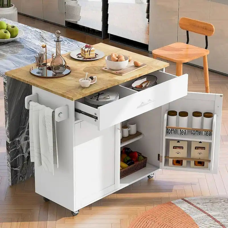Chariot de cuisine moderne en bois d'hévéa de 39,00 po avec rangement et porte-serviettes