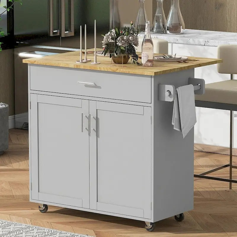 Chariot de cuisine moderne en bois d'hévéa de 39,00 po avec rangement et porte-serviettes