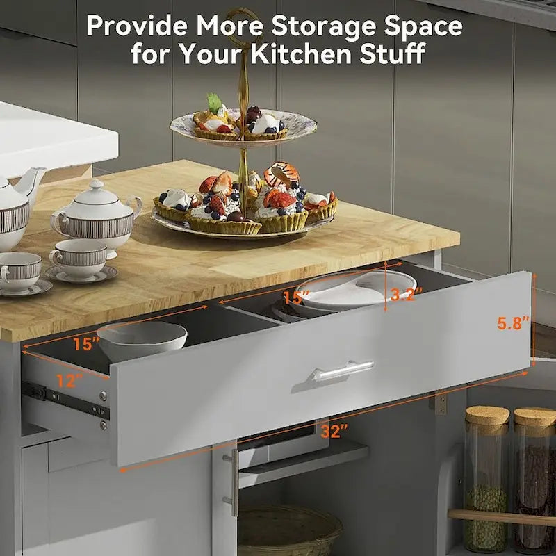 Chariot de cuisine moderne en bois d'hévéa de 39,00 po avec rangement et porte-serviettes