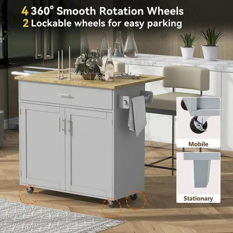 Chariot de cuisine moderne en bois d'hévéa de 39,00 po avec rangement et porte-serviettes