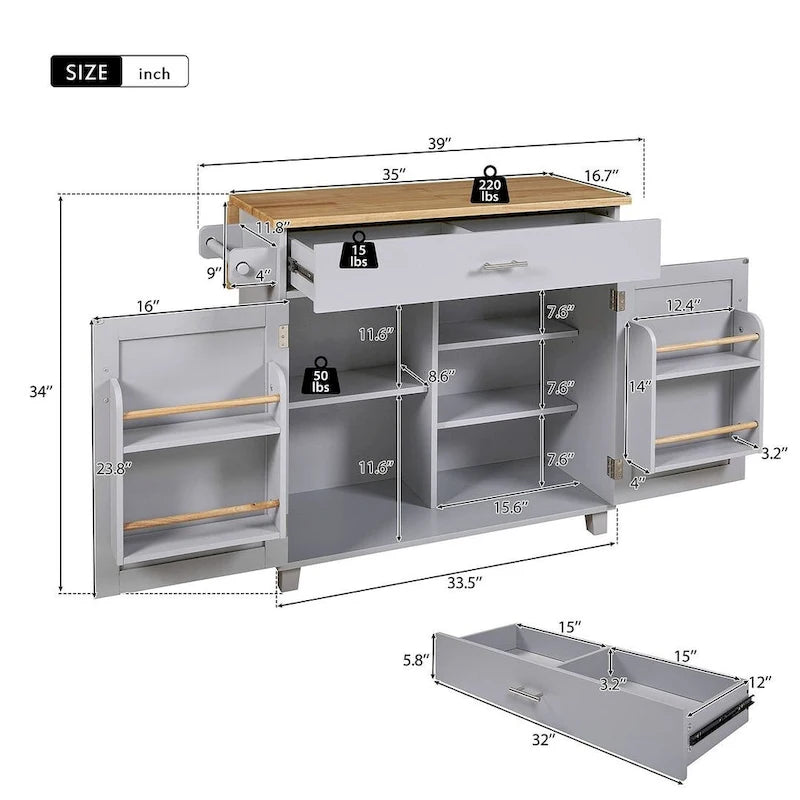 Chariot de cuisine moderne en bois d'hévéa de 39,00 po avec rangement et porte-serviettes